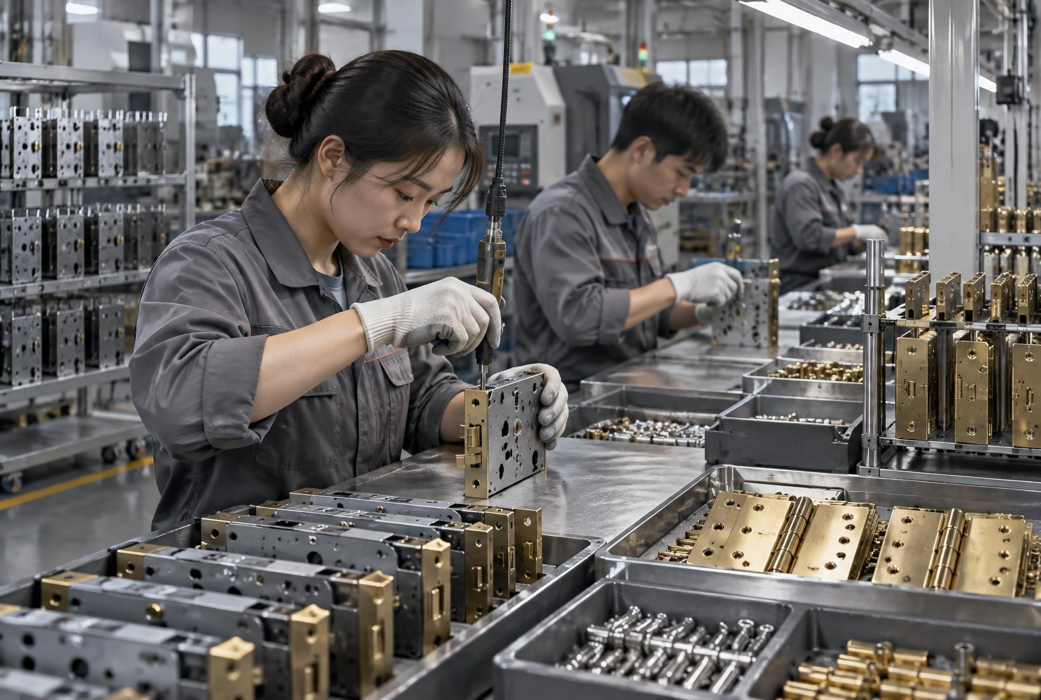 Door hardware assembly line in a partner factory