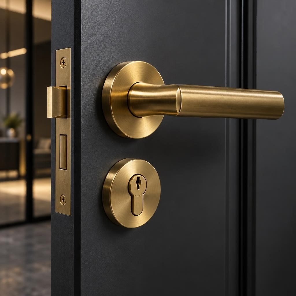 Close-up of a door lock cylinder and handle assembly